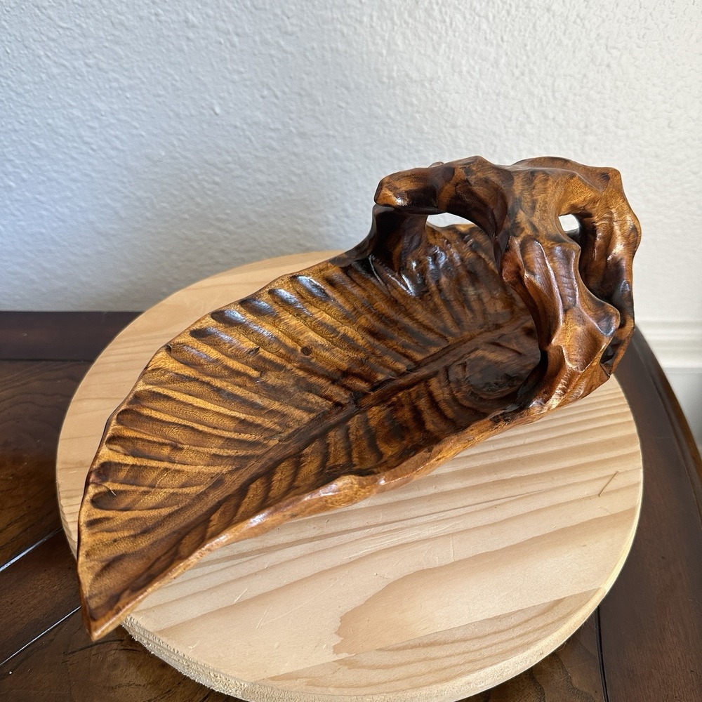 VTG Carved Wood Leaf Decorative Bowl 11.5" Brown Rustic Primitive Tabletop Decor